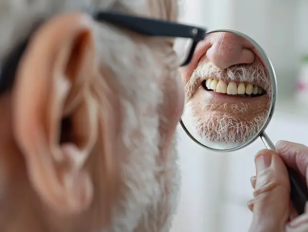 Elderly man inspecting his teeth with a magnifying mirror, highlighting restorative dental care results.